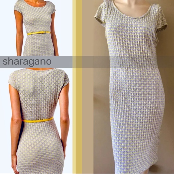 ✨NWT✨🏷Sharagano: Gray/Yellow Belted Cap-Sleeve Sheath Dress - Picture 2 of 11